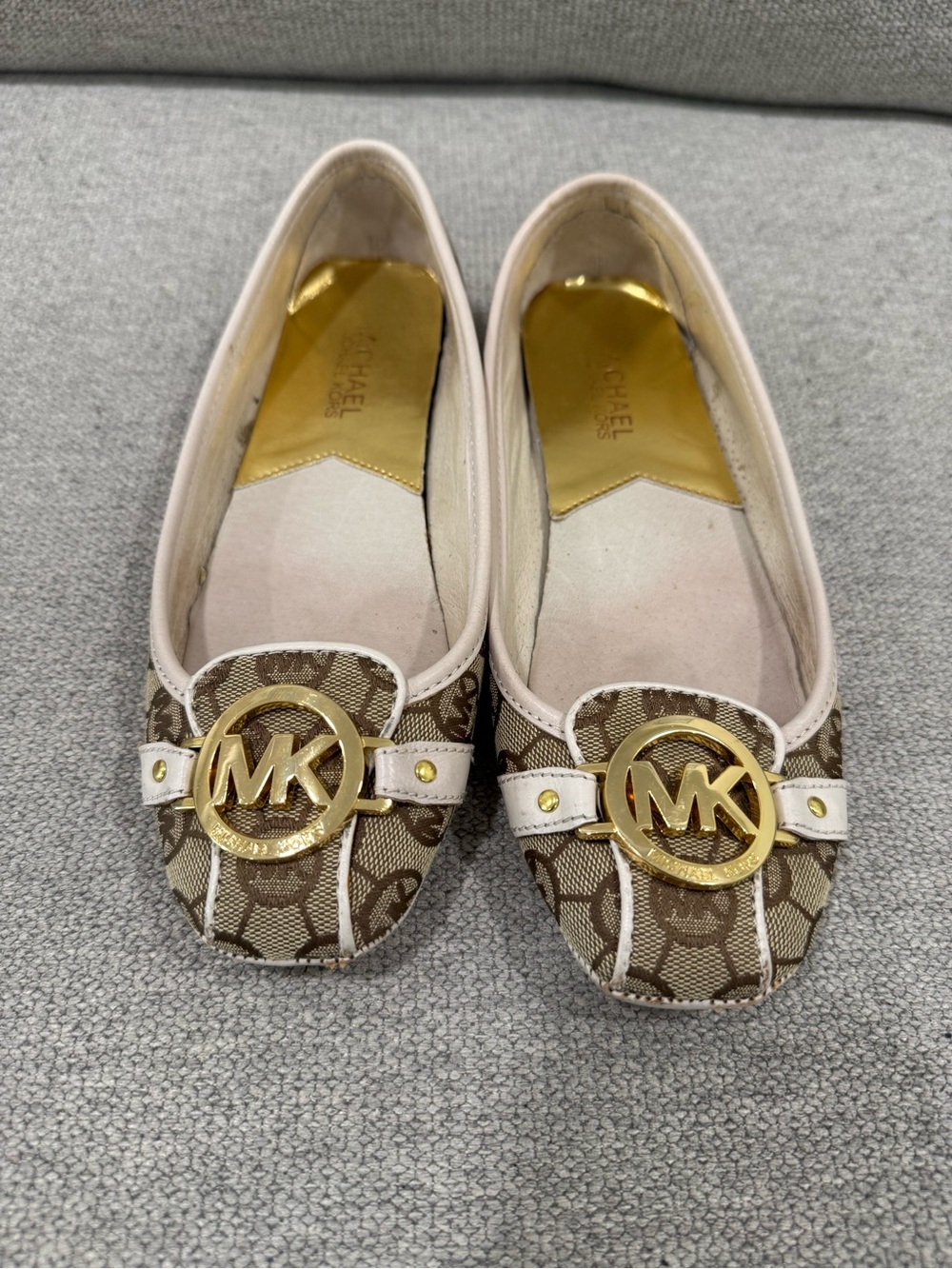 Michael Kors Beige & Brown Signature Logo Flats with Gold MK Emblem